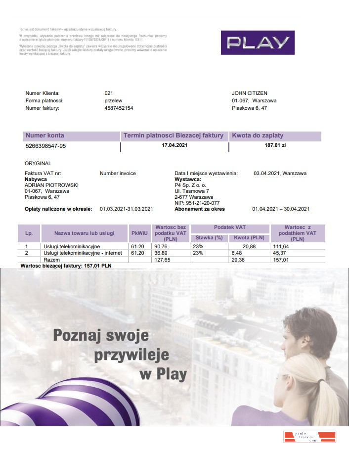 Poland Play utility bill template in Word and PDF format, fully editable